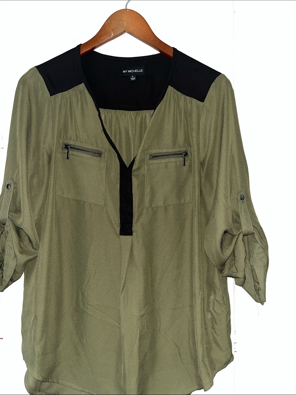 My Michelle Olive Green Blouse with Black Shoulder and Placket